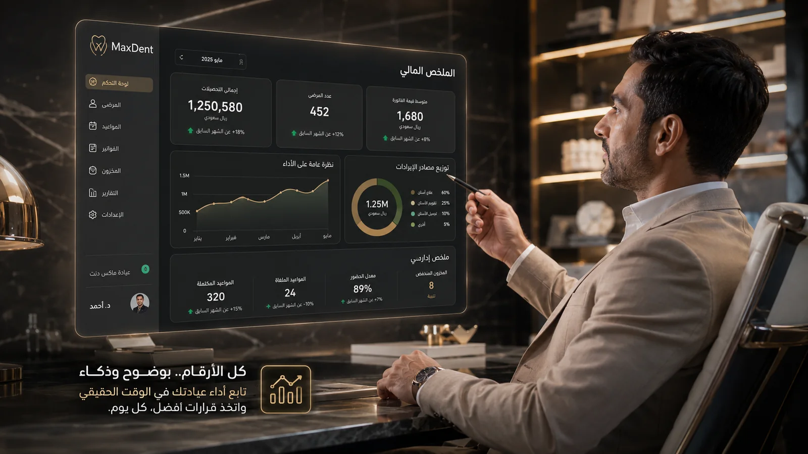 طبيب أسنان يراجع الحسابات وتقارير أداء العيادة في MaxDent