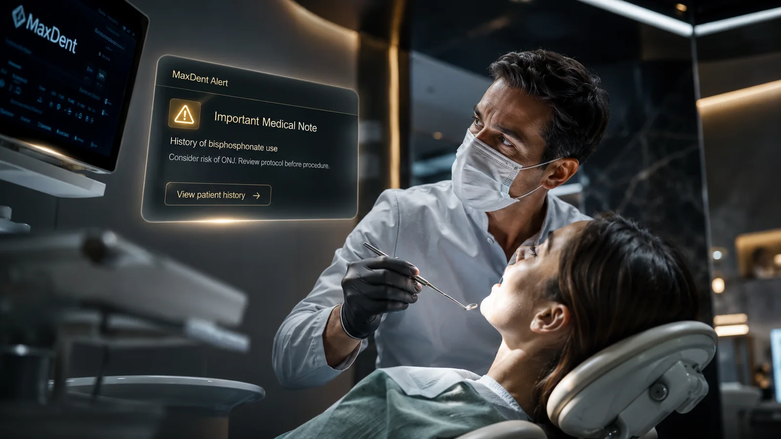 تنبيه طبي مهم يظهر لطبيب الأسنان أثناء علاج المريض في MaxDent