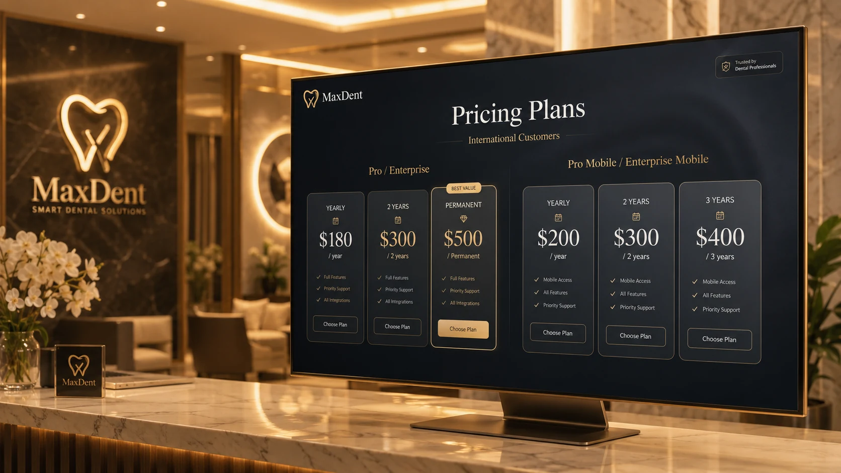 أسعار وخطط برنامج إدارة عيادات الأسنان MaxDent Pro وEnterprise